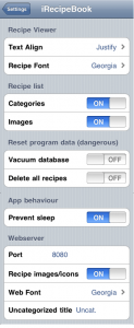 iRecipeBook settings